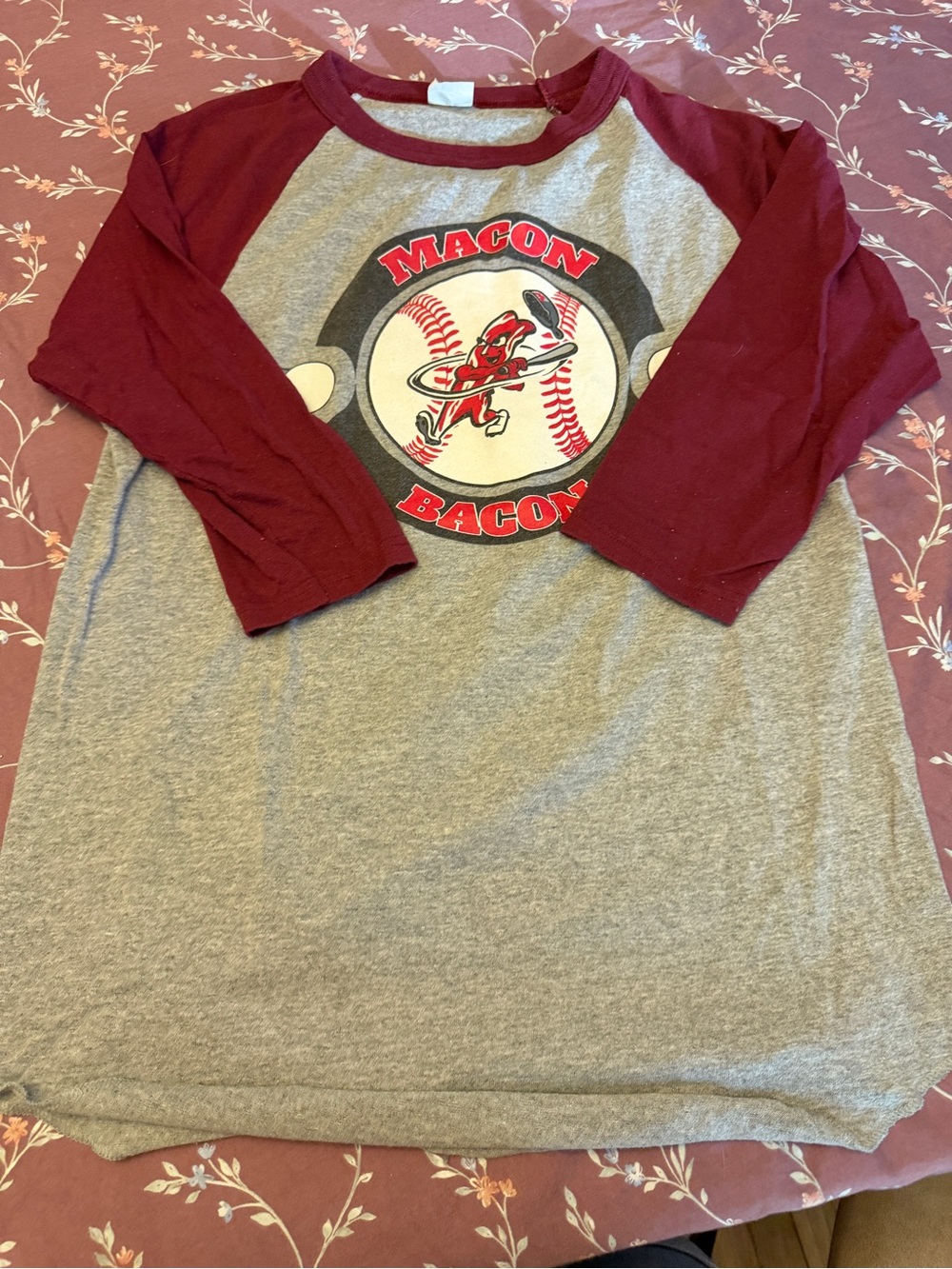 Macon Bacon Raglan Baseball Tee - Gray & Maroon